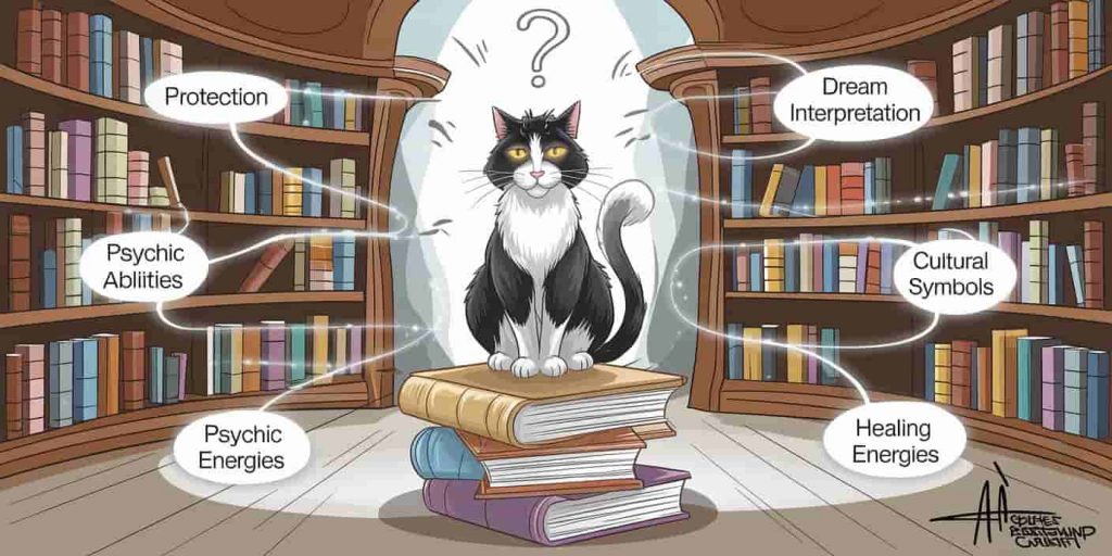 Wise black and white cat in a mystical library, surrounded by spiritual symbols and floating questions