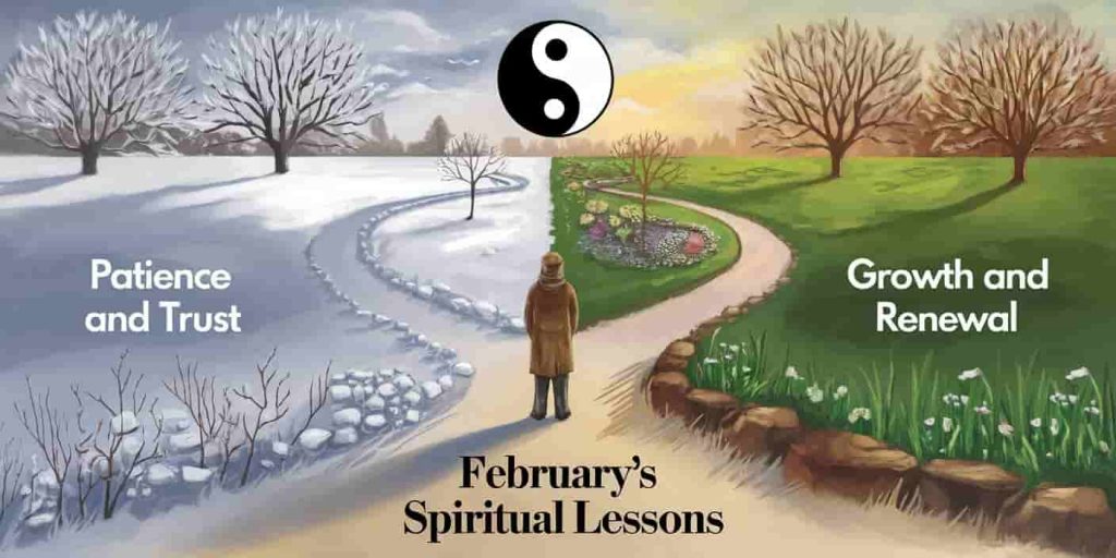 Allegorical scene with a figure at a crossroads, snowy path, blooming garden, and yin-yang symbol representing February's spiritual lessons