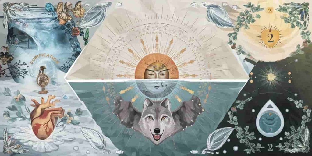 Collage-style image depicting February's spiritual symbolism with clear water for purification, heart symbols for love, a rising sun for awakening consciousness, a wolf, and numerological elements representing the number 2.