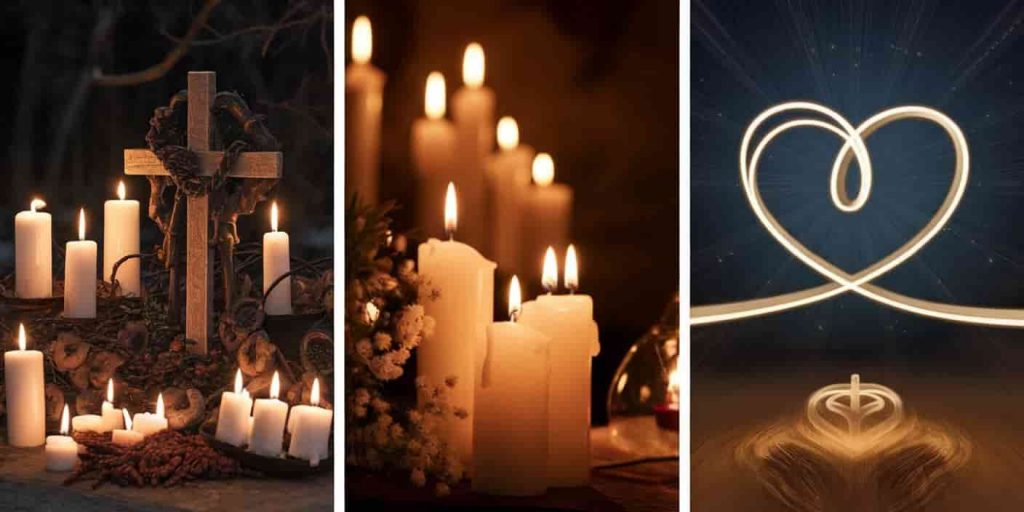 Triptych image showing Pagan Imbolc celebration, Christian Candlemas scene, and universal divine love representation for February's spiritual significance