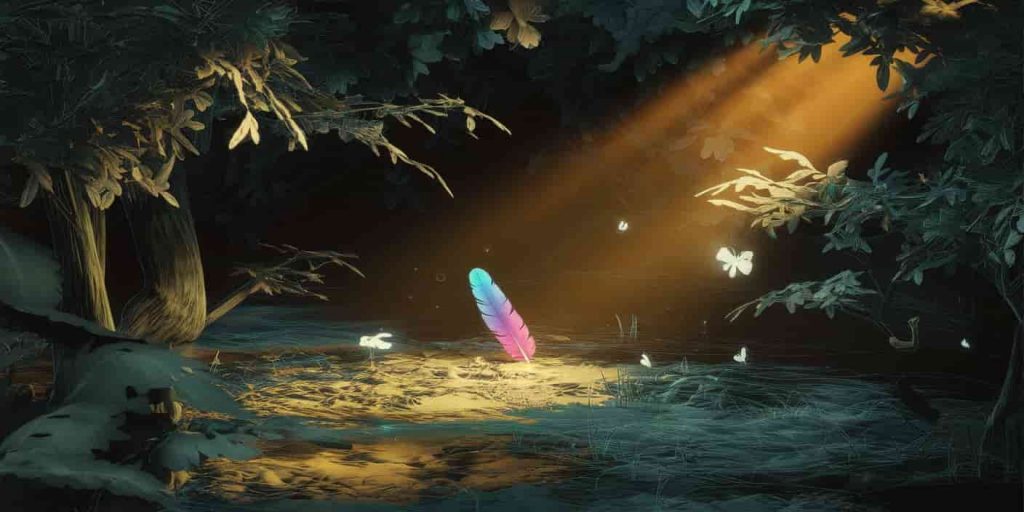 A peaceful forest clearing with a shaft of sunlight illuminating a colorful feather, surrounded by subtle symbols of transformation and renewal in nature.