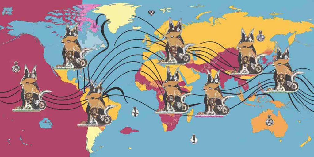 Pop art world map with stylized coyotes representing different cultural interpretations of coyote spirituality, connected by swirling lines and surrounded by cultural symbols in vibrant, contrasting colors.