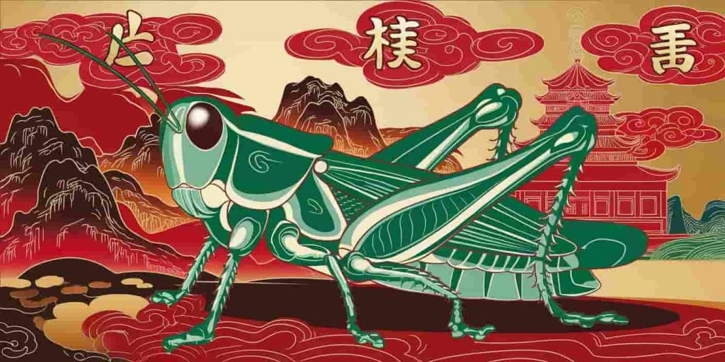 Pop art reimagining of a Chinese landscape with a jade green grasshopper, stylized mountains, clouds, and pagoda in vibrant colors, featuring Chinese characters for luck and prosperity.