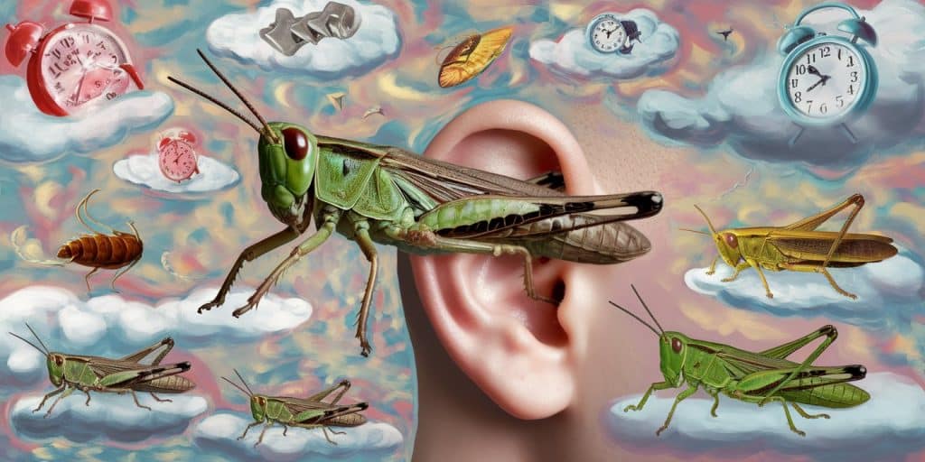 Surreal pop art image depicting various sized grasshoppers in a dreamlike setting with a large grasshopper emerging from an ear, surrounded by floating dream symbols and swirling pastel colors.