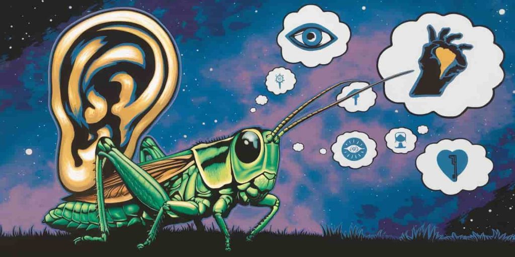 Surreal pop art image of a grasshopper with large, glowing antennae forming an ear shape, set against a cosmic background with thought bubbles containing wisdom symbols.