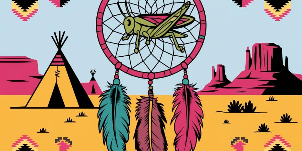 Pop art image of a Native American dreamcatcher with a stylized grasshopper at its center, surrounded by colorful feathers and set against a simplified desert landscape with tepees and mesas.