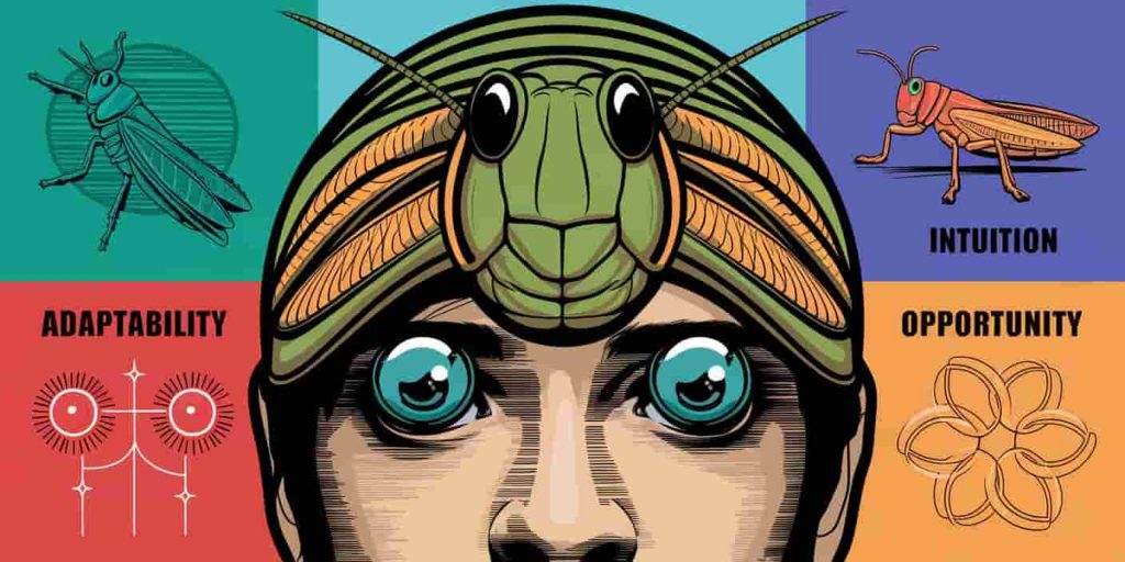 Pop art portrait blending human and grasshopper features with compound eyes and antennae, set against a background divided into sections representing different grasshopper spirit animal traits through abstract symbols.