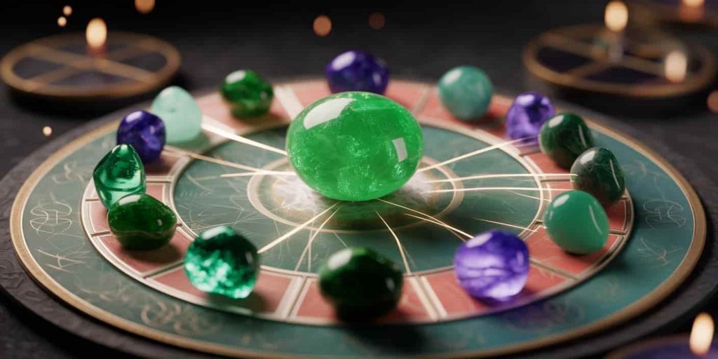 A circular arrangement of spiritual stones with green jade at the center, connected by energy lines.