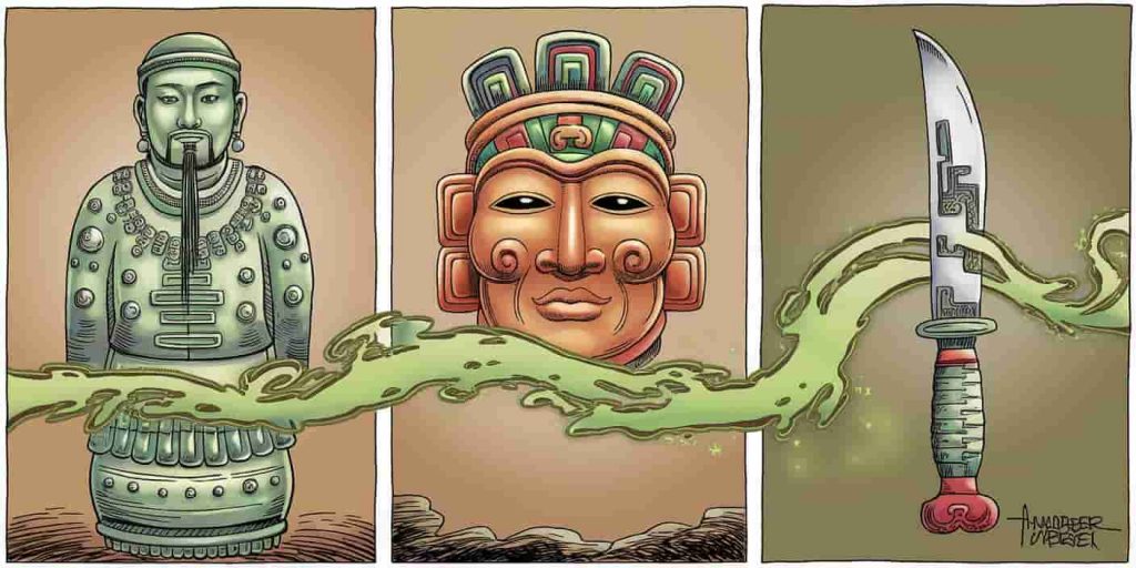 A triptych showing Chinese, Mayan, and Aztec jade artifacts connected by flowing green energy.