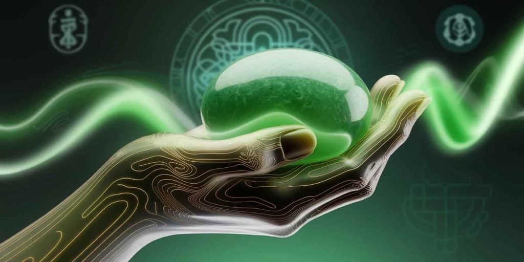 A hand holding a green jade stone, with energy pathways and cultural healing symbols.