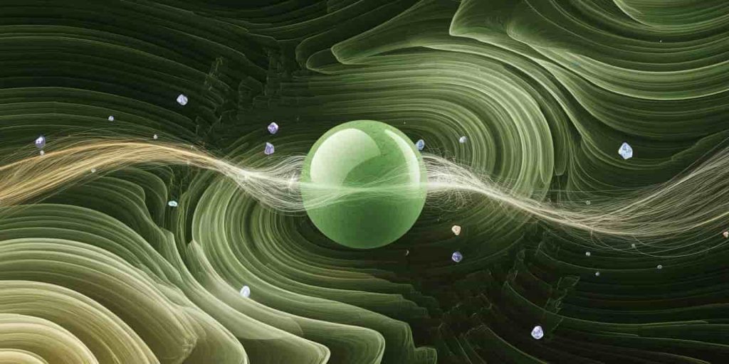 An abstract image of a green jade sphere emitting energy waves, surrounded by floating crystals.