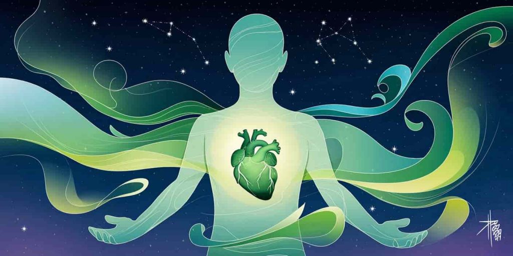 A human silhouette with a green jade heart, surrounded by a golden aura and spiritual symbols.