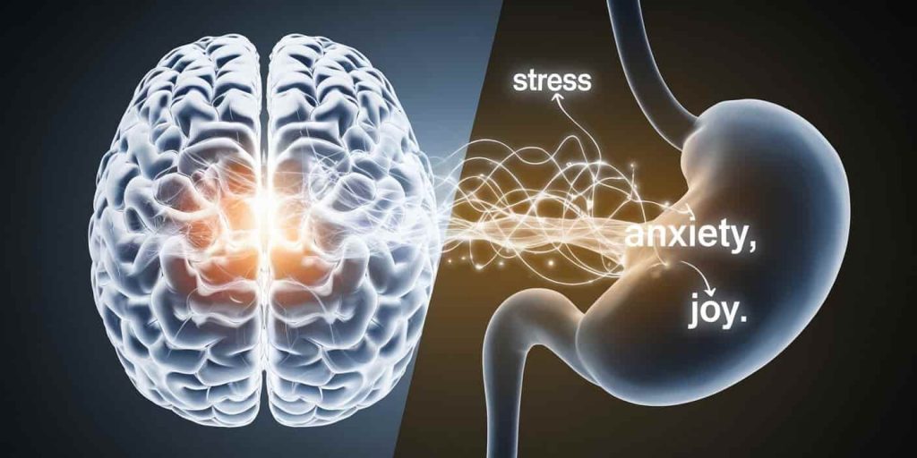 Split-screen image of a brain and stomach connected by glowing neural pathways with emotional words floating between them