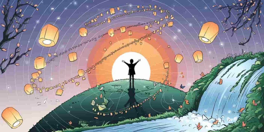 Person on hilltop at sunrise with outstretched arms, surrounded by spiraling energy patterns in spring colors, with symbols of intention setting, spiritual cleansing, and nature connection, and subtle geometric patterns suggesting universal energy.