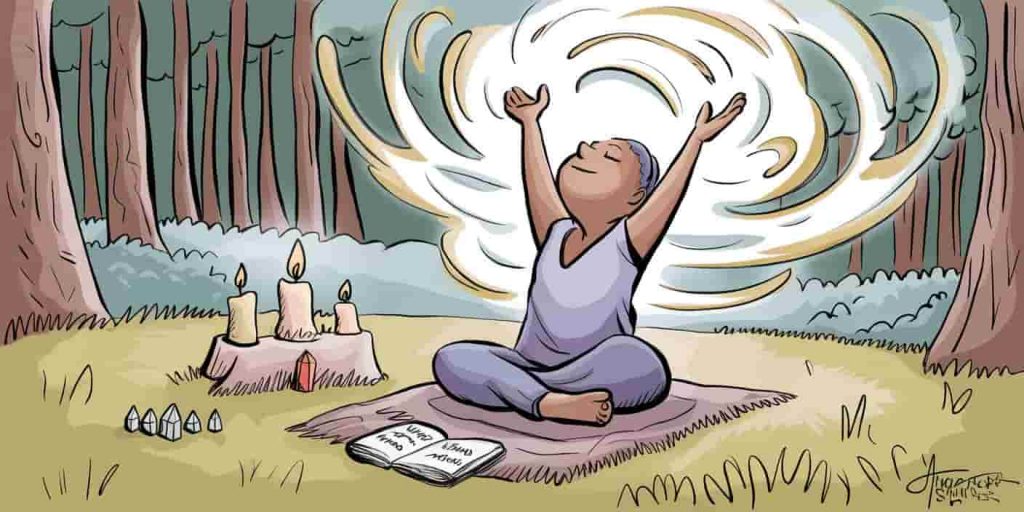 Person in nature surrounded by spiritual symbols, altar with candles and crystals, journal, and swirling energy, representing ways to harness May's spiritual potential.