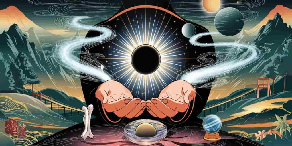 A Ukiyo-e-inspired dark fantasy 3D render of a person holding a miniature solar eclipse, surrounded by swirling cosmic energy and spiritual symbols