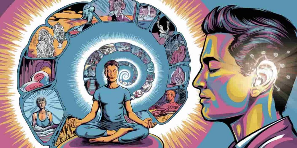 Person in meditative pose surrounded by a spiral of light containing scenes of personal growth, with their left ear glowing and emitting symbolic elements.