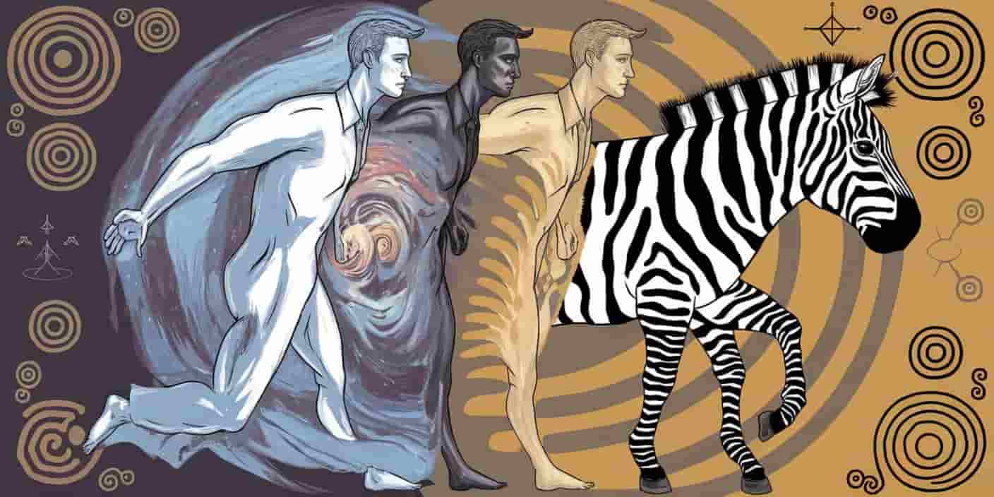 Abstract image of person transforming into zebra, surrounded by spiraling energy patterns and symbols of personal growth and balance