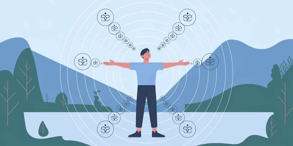 Illustration of a person with outstretched arms surrounded by concentric energy circles, with hiccup symbols aligning to show harmony with universal energy.