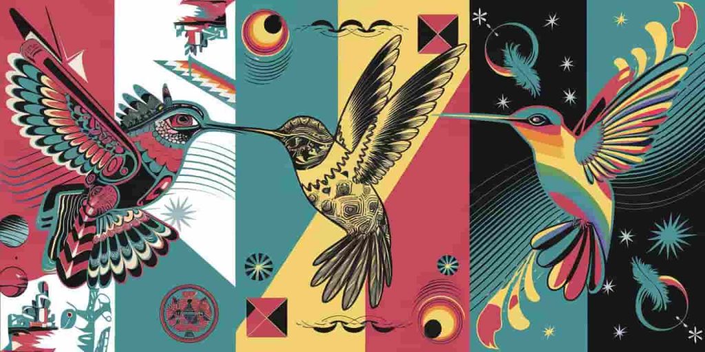 Pop art collage depicting various cultural interpretations of hummingbird spirituality, featuring Aztec, Mayan, Native American, and modern spiritual symbols with stylized hummingbirds central to each representation.