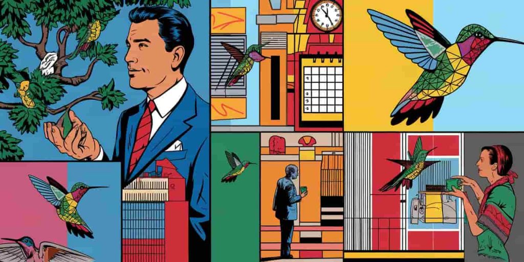 Pop art collage showing various scenarios of people encountering hummingbirds in daily life, with thought bubbles and symbols representing spiritual messages, set against a background of everyday objects.