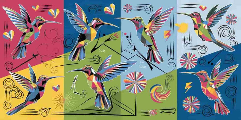 Pop art illustration of multiple colorful hummingbirds in various poses, surrounded by symbolic elements like hearts, lightning bolts, and spirals, with abstract flowers and swirling energy lines.