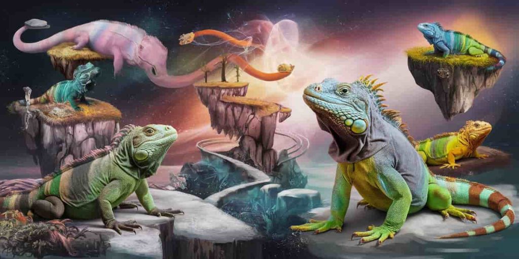 Surreal dreamscape with colorful iguanas, floating islands, spiraling paths, and an iguana shedding its skin, symbolizing transformation