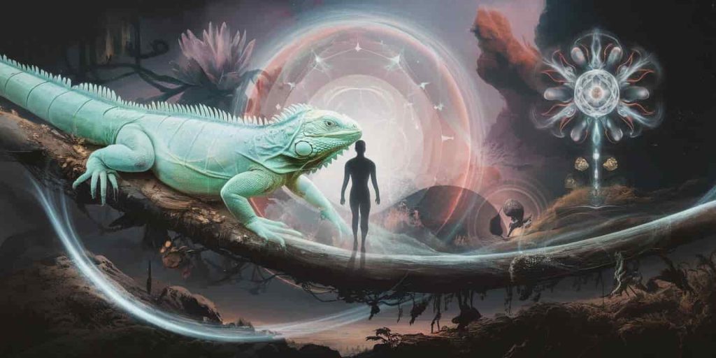 Ethereal scene with a translucent spirit iguana guiding a human silhouette through a mystical landscape blending nature and spiritual symbols
