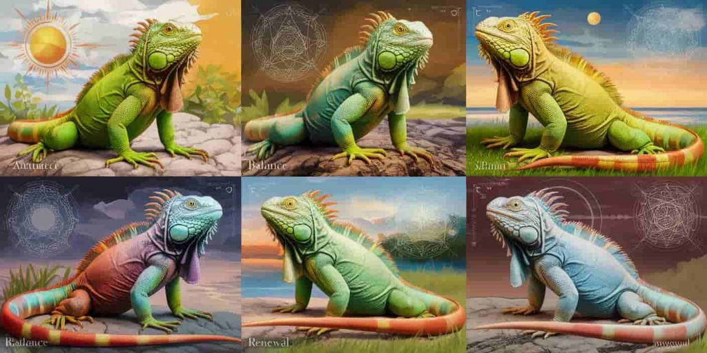 Collage of iguanas in different poses representing patience, adaptability, balance, and renewal, with subtle spiritual symbols in the background