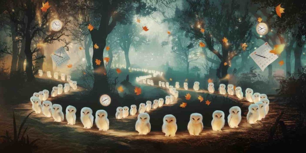 Winding path in mystical forest with luminous baby owls, branching to various life scenarios, clock faces and calendar leaves symbolizing time and change