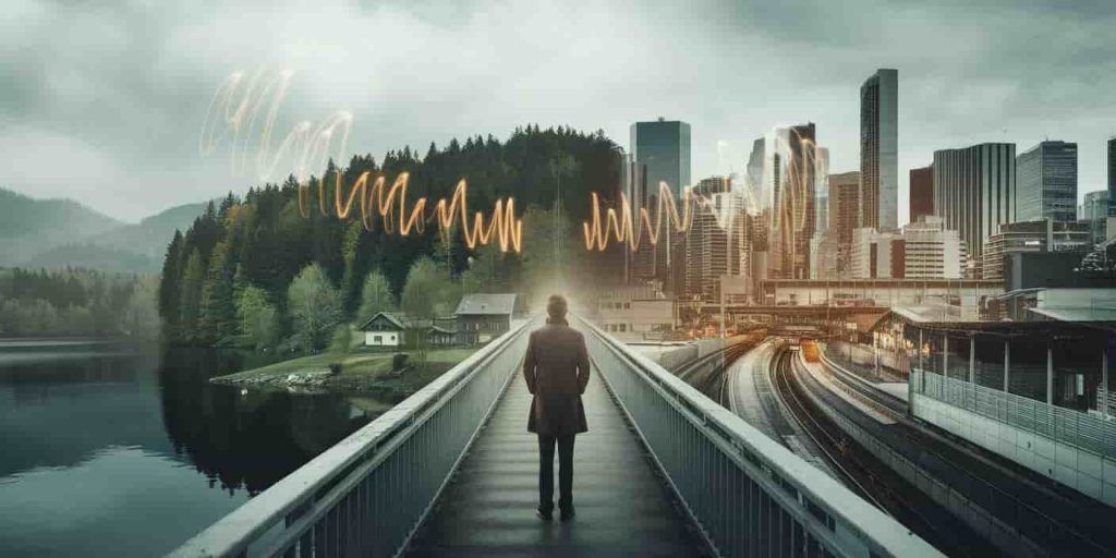 A person on a bridge between current and future landscapes, with glowing ripples representing knocking sounds guiding them towards change, illustrating warnings of impending changes through sleep knocking.