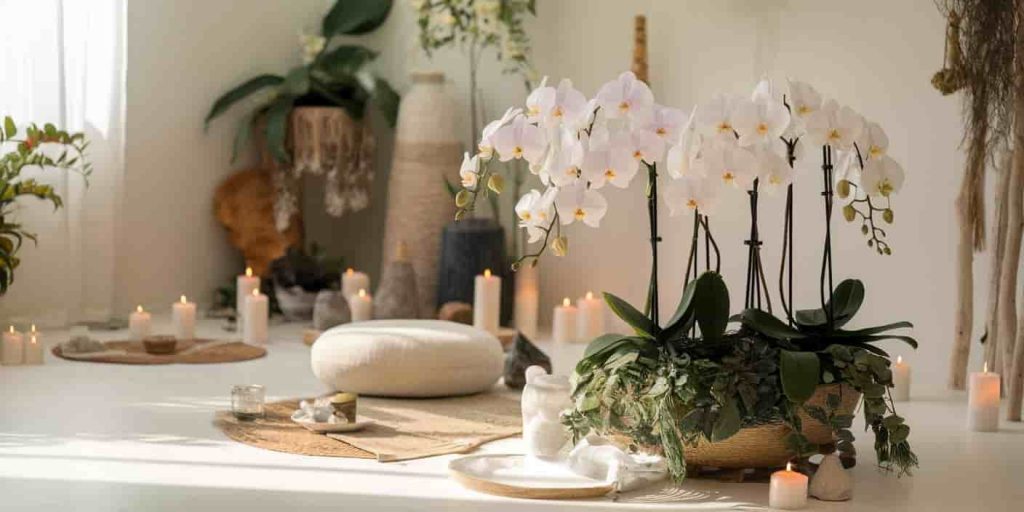Serene indoor space with a beautiful orchid arrangement, natural light, spiritual elements like crystals and candles, and a meditation cushion, representing the incorporation of orchid wisdom in spiritual practice.