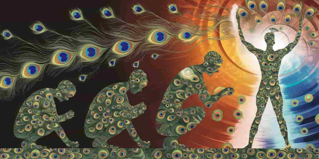 An abstract human silhouette made of peacock feather patterns shown in stages of transformation, surrounded by spiraling energy, representing the integration of peacock wisdom in spiritual growth.
