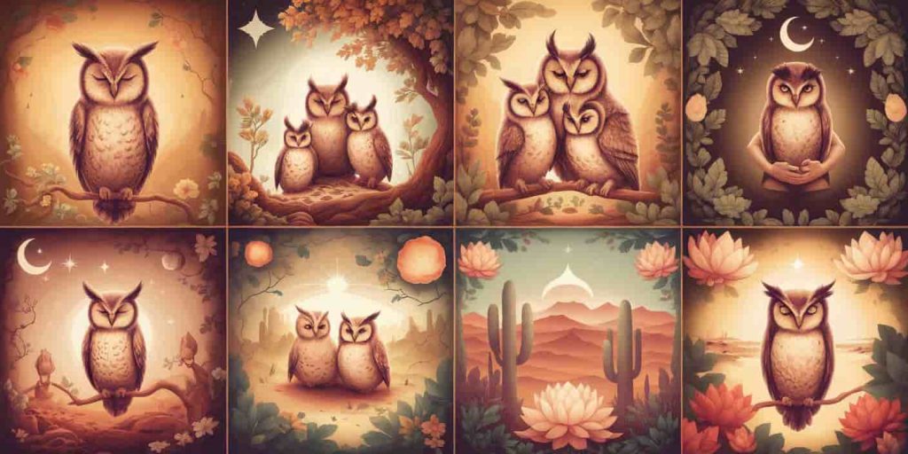 Dream-like vignettes of baby owls in various scenarios with subtle spiritual symbols and warm, comforting colors