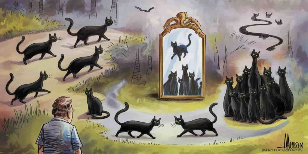 A dreamlike scene with multiple black cats in different positions, observed by a human silhouette in a misty atmosphere.