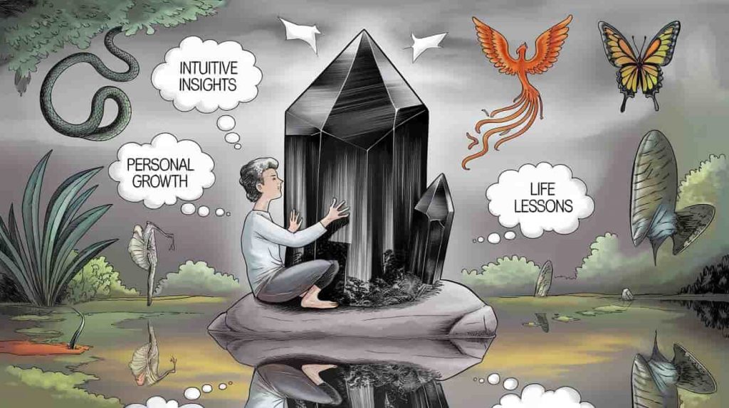 Person in dreamlike scene interacting with ethereal black tourmaline, surrounded by symbols of insight and growth