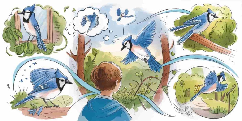 Vintage watercolor sketch showing multiple blue jay encounters, including a central figure observing a blue jay, with thought bubbles and surrounding vignettes depicting various sightings and interpretations.