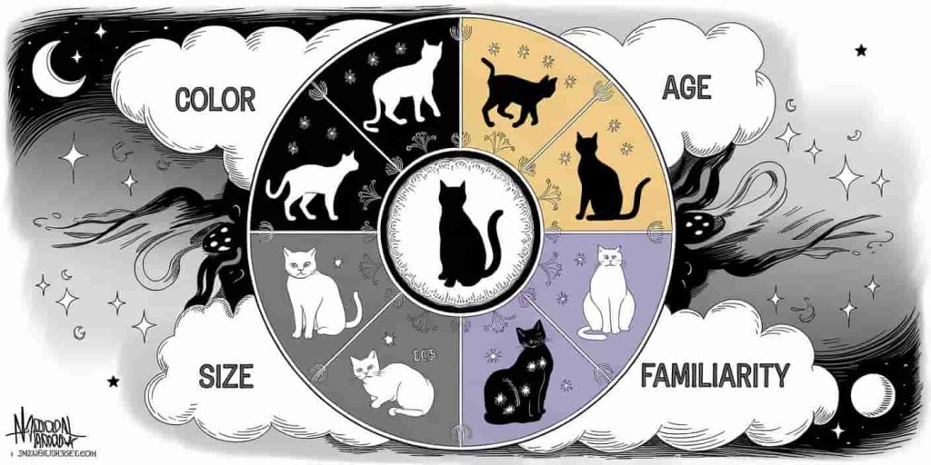 Circular mandala-like image with a central cat silhouette, divided into sections representing color, age, size, and familiarity in dead cat dreams.