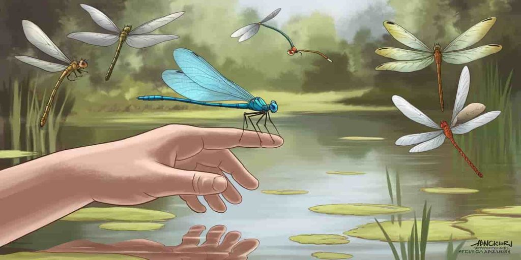 Serene pond scene with colorful dragonflies, one blue dragonfly perched on extended human finger