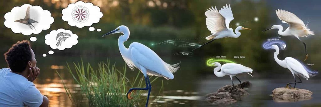 Split-screen image showing a person observing an egret with thought bubbles, and the egret in various poses with colored auras representing spiritual messages.