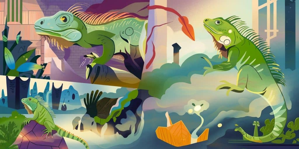 Dreamlike sequence of iguana encounters in urban, natural, and dreamscape settings, illustrated with soft, surreal colors