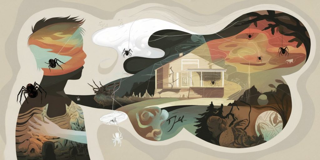 Silhouette of a person with a jumping spider on their shoulder, containing dreamlike landscapes representing various spider encounter scenarios