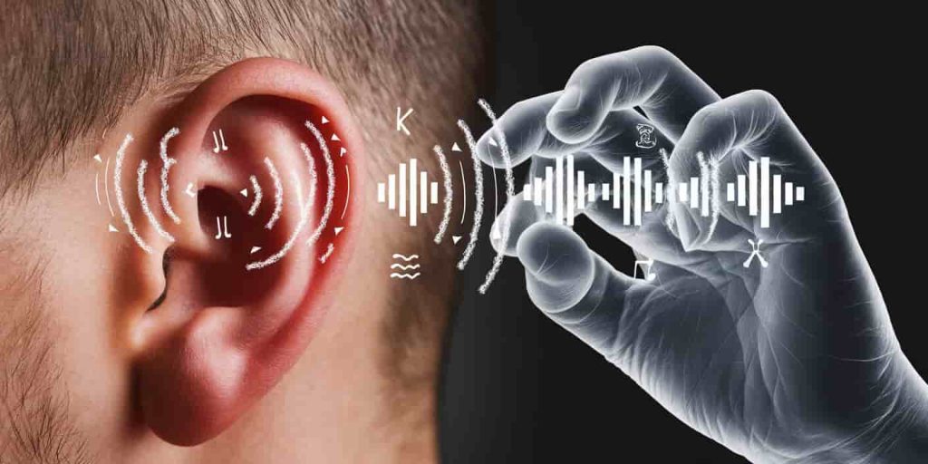 A human ear with visible sound waves transforming into various knocking patterns and symbols, with a ghostly hand creating these patterns in the background, illustrating the interpretation of sleep knocking patterns.
