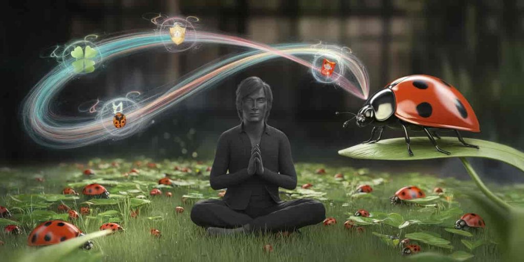 A person sits peacefully in a garden, observing a large ladybug on a leaf. Colorful energy streams emanate from the ladybug, containing subtle symbols of luck, protection, and growth, creating a mystical atmosphere.