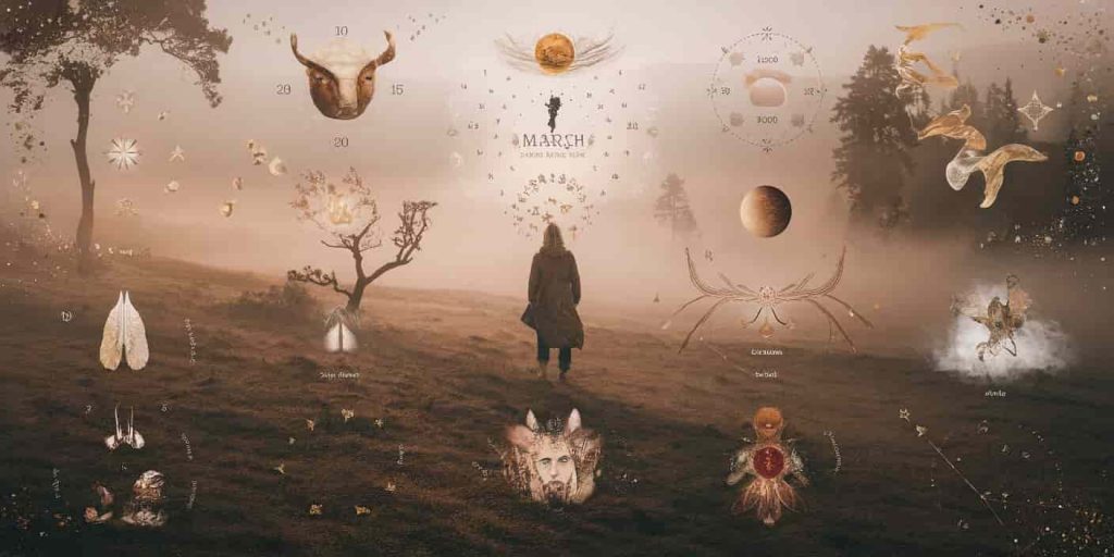 Dreamlike scene with a person in meditative pose floating above a misty March landscape, surrounded by ethereal symbols representing spiritual messages including animal spirits, number sequences, celestial bodies, and natural elements in a mystical color palette with gold accents.