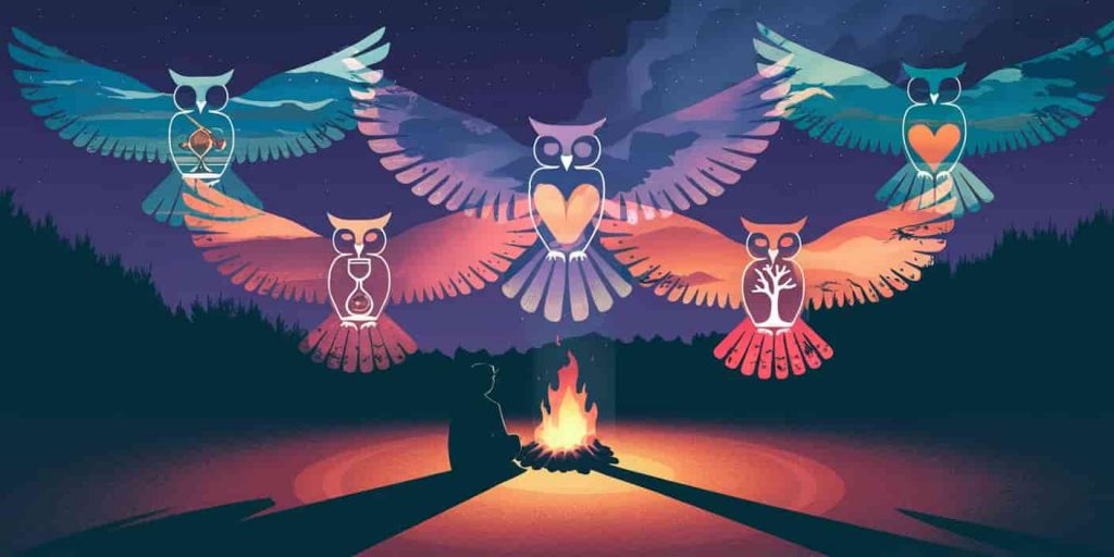 Person by a campfire with their shadow forming an owl shape, surrounded by transparent owl silhouettes in the night sky containing various symbolic scenes and objects.