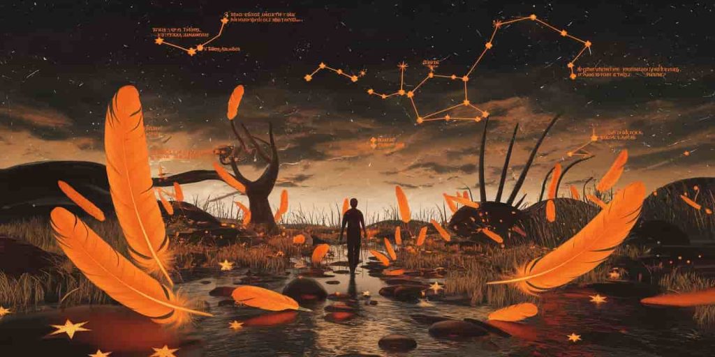 A 3D Ukiyo-e-style render of a surreal landscape where orange objects transform into spiritual symbols, with orange constellations forming mystical patterns in the sky.