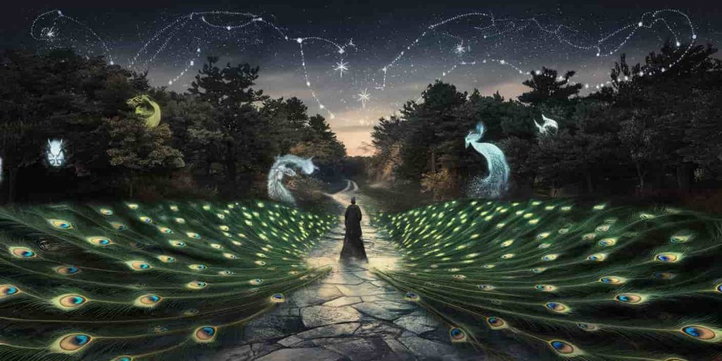A 3D Ukiyo-e-style image of a mystical forest path with glowing peacock feathers, a figure at a crossroads, constellation patterns in the sky, and spirit animals representing different aspects of peacock feather symbolism.