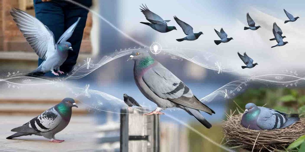Collage of four pigeon behaviors - landing, cooing, flocking, and nesting - connected by spiritual energy lines, illustrating the various meanings behind pigeon encounters.