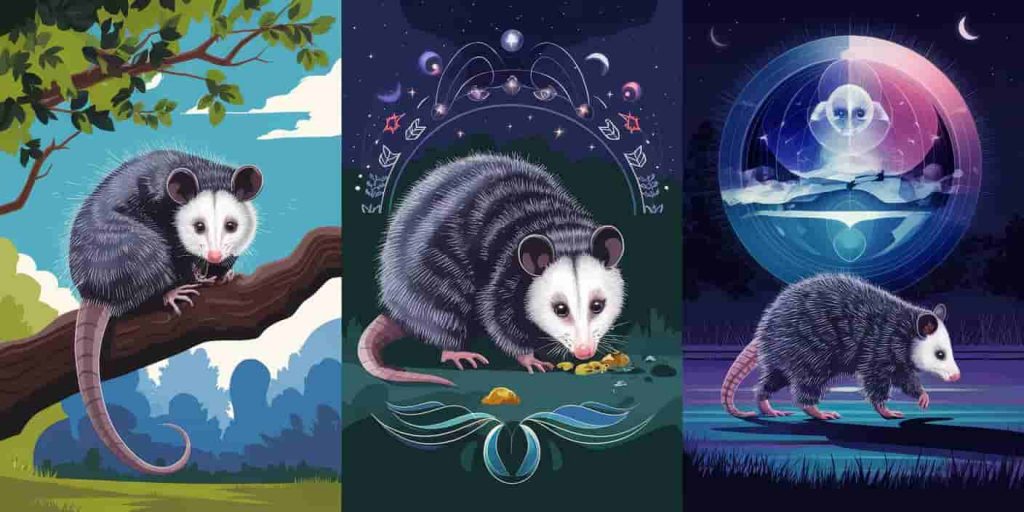 A triptych of possum sightings in daylight, at night, and crossing a path, each overlaid with ethereal symbols and colors to represent different spiritual interpretations of possum encounters.